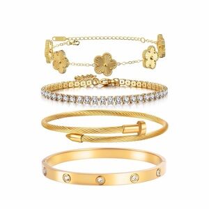 Gold Bracelet Stack – Clover, Tennis, Cable Cuff & CZ Bangle (4-Piece)